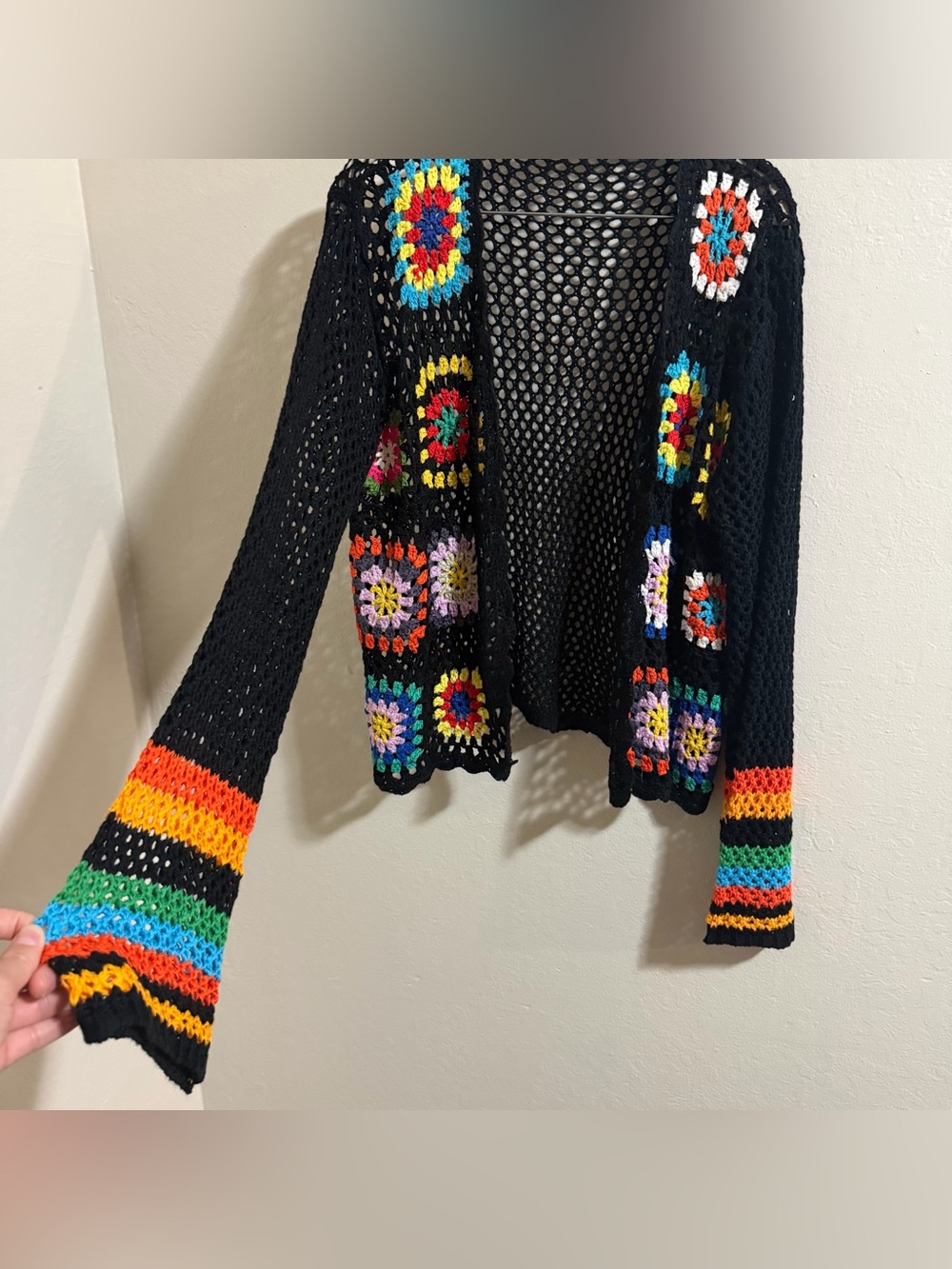 Open Crochet Black Cardigan Multicolor Knit Boho Festival Granny Square - Picture 4 of 7
